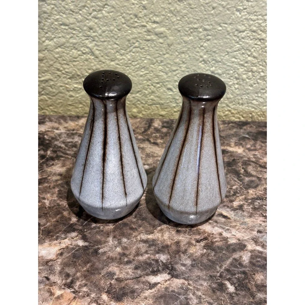Denby vtg mcm salt pepper shaker set gray brown stripes flaw England made